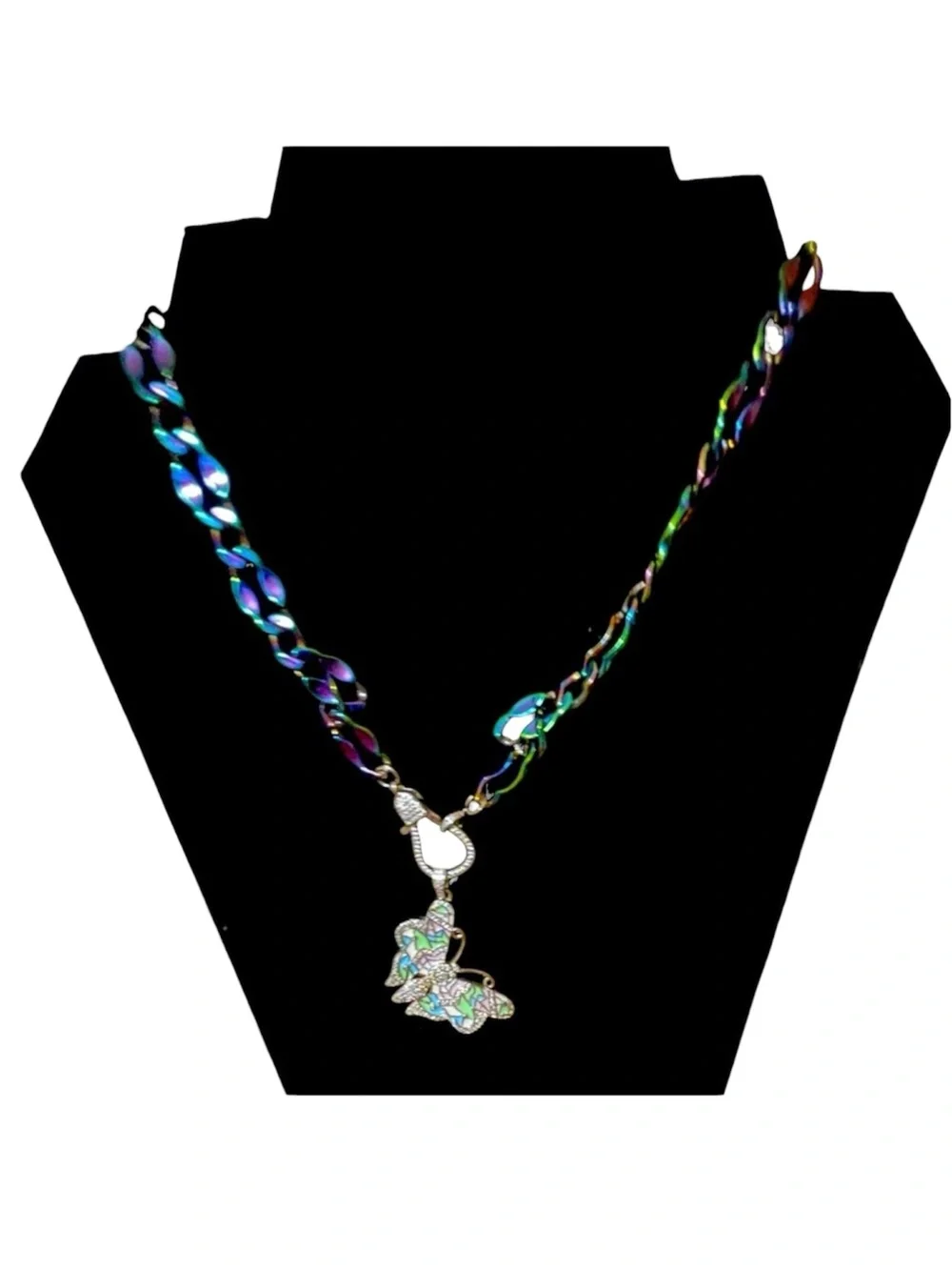 Necklace Butterfly Pave, Trendy Oil Spill Chain, Magnetic Closure